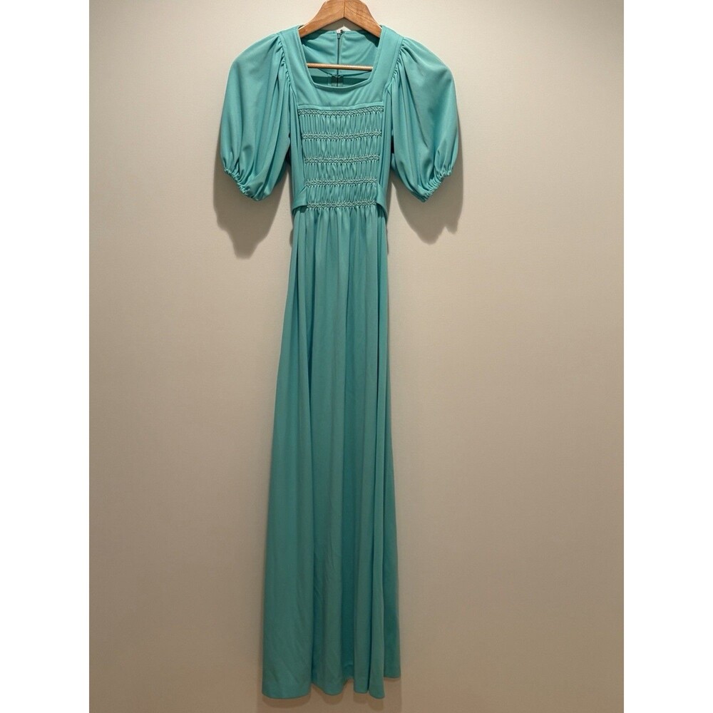 Vtg 70’s Mint Green Poly Maxi Dress Smocked Prairie Romantic Sz 7 READ